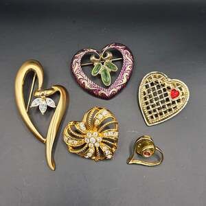 5 Heart Pins.... One signed Avon.